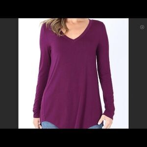Zenana luxe rayon long sleeve hi low top in plum Size Small NWT